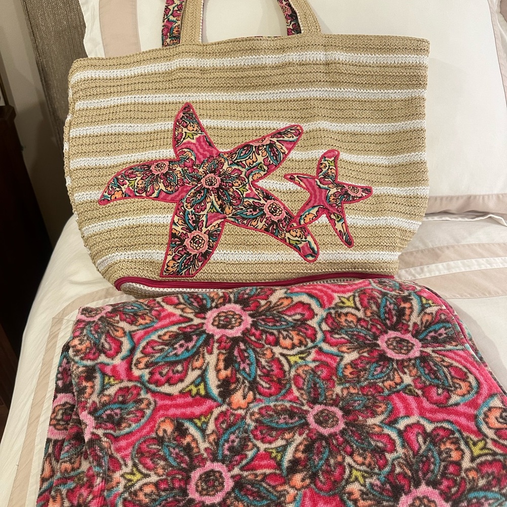 Vera Bradley Beige Tote and Beach Towel with Floral Starfish Design